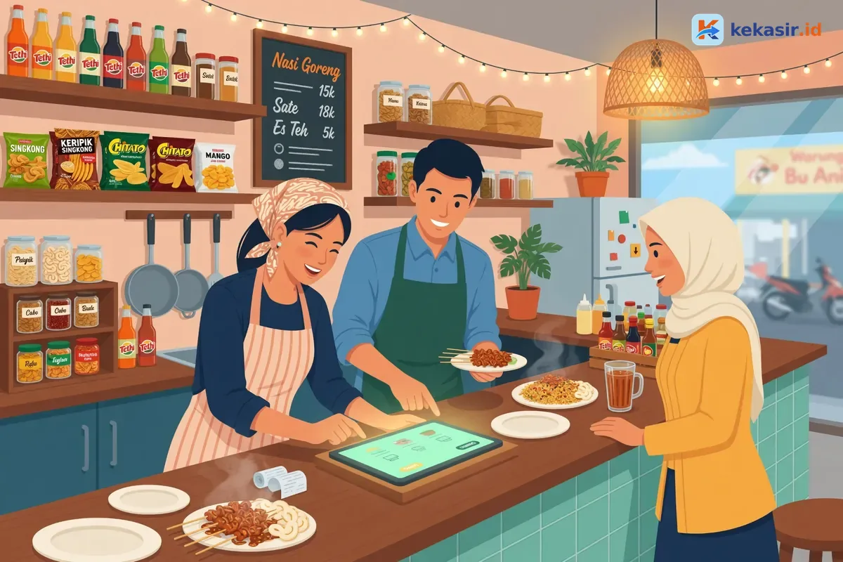 Ilustrasi tim sedang melakukan uji coba alur sistem kasir di meja restoran