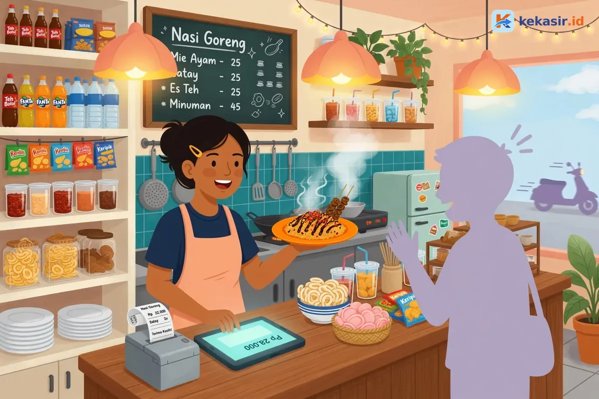 Ilustrasi pemilik warung menyiapkan tablet kasir dan printer thermal di meja kasir