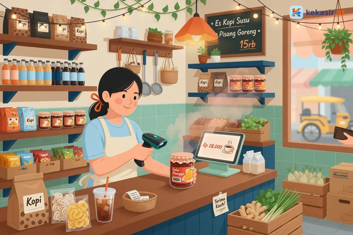 Ilustrasi staf warung memindai produk kemasan menggunakan barcode scanner di area kasir