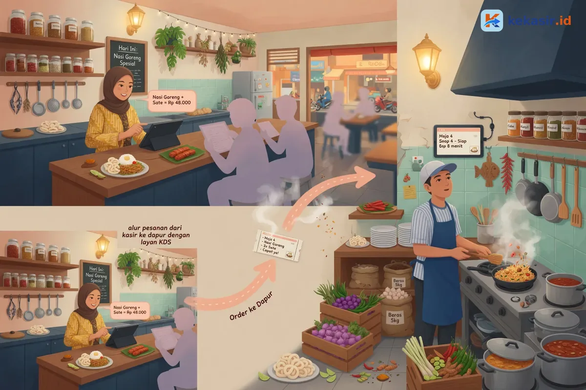 Alur pesanan dari kasir ke dapur di restoran dengan layar KDS