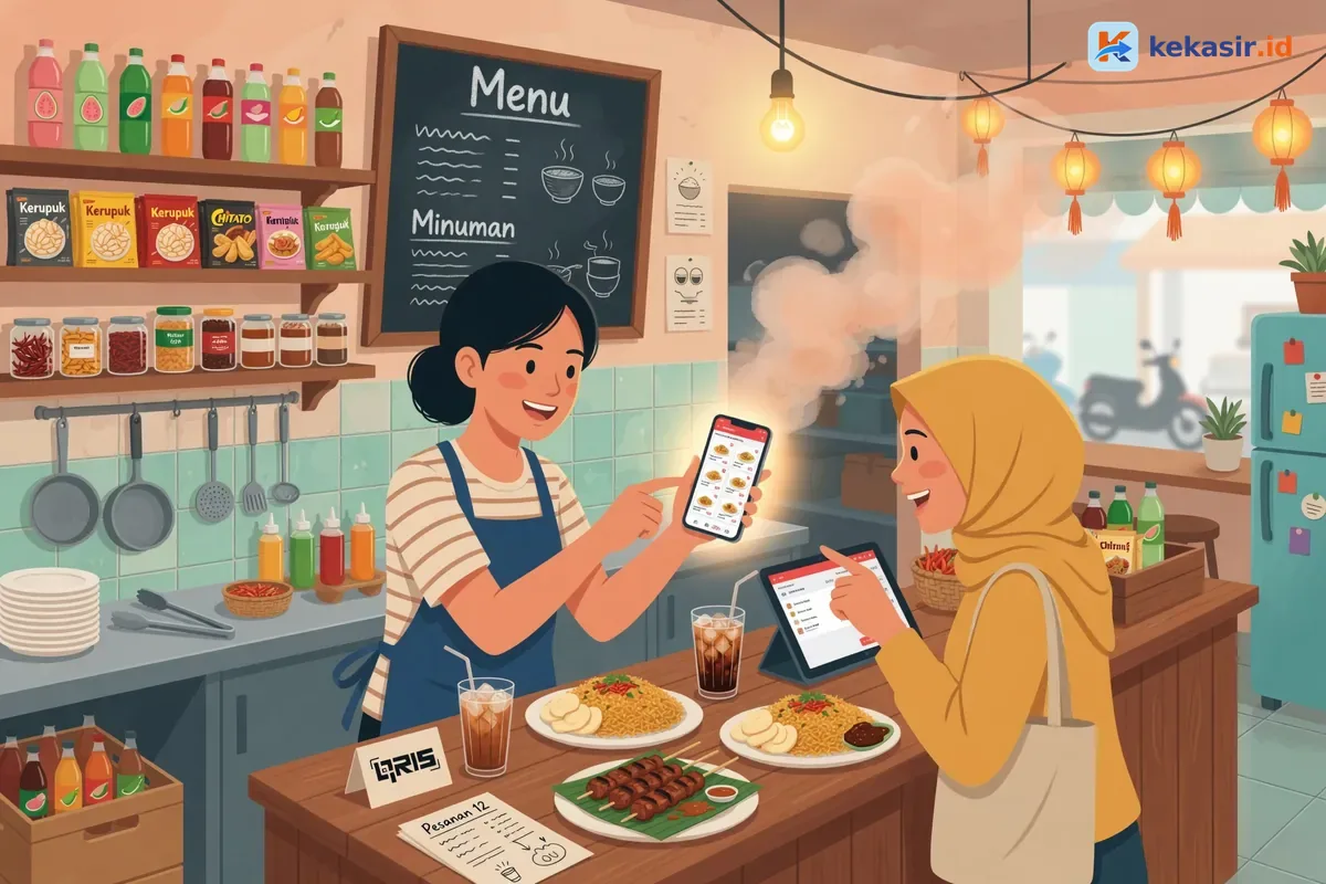 Ilustrasi pemilik usaha kuliner menunjukkan menu digital di HP kepada pelanggan di warung