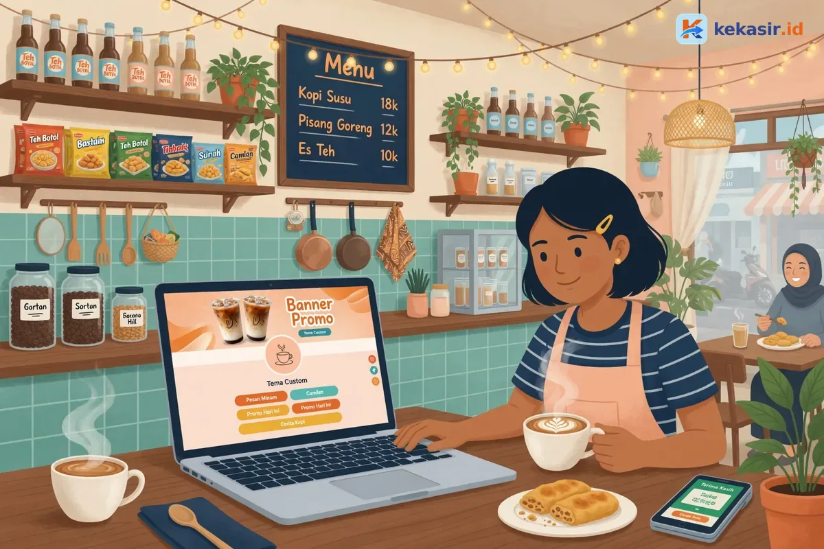 Ilustrasi pemilik cafe mengatur tampilan banner dan warna brand di laptop