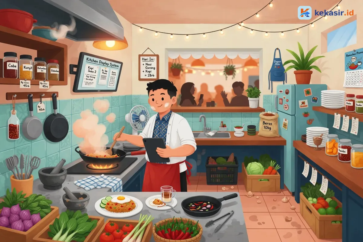Ilustrasi dapur cafe sedang ramai dengan staf memasak dan layar monitor menampilkan pesanan