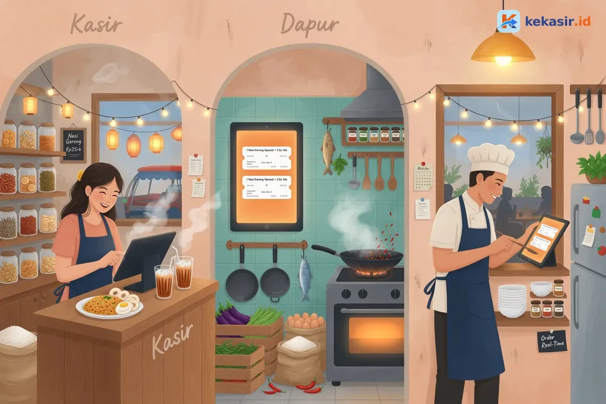 Diagram alur pesanan dari kasir masuk ke layar dapur secara real-time