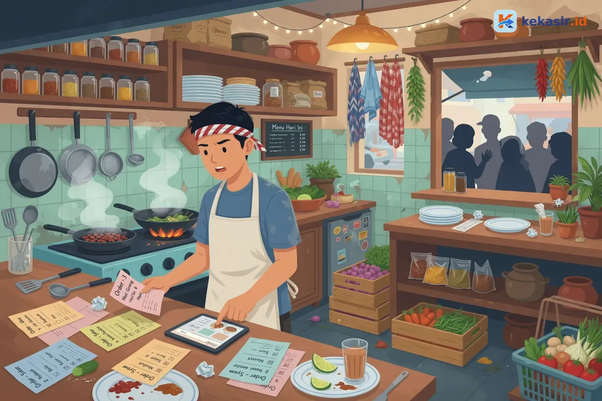 Ilustrasi dapur warung ramai dengan koki sibuk dan kertas order berceceran di meja