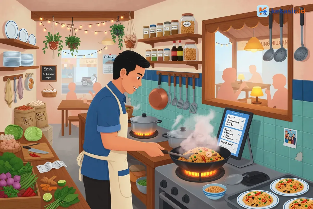 Ilustrasi koki warung melihat pesanan di layar kitchen display di samping kompor