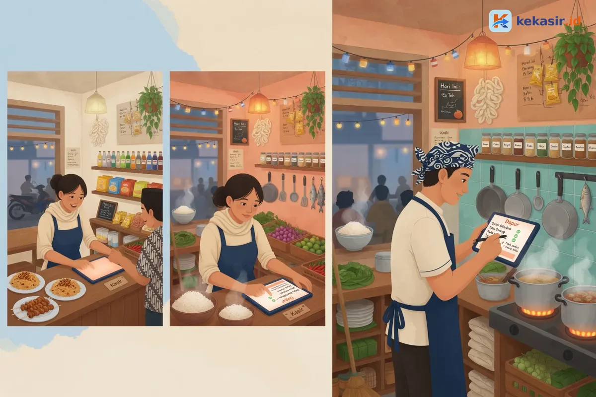 Alur pesanan dari kasir ke kitchen display dapur di warung