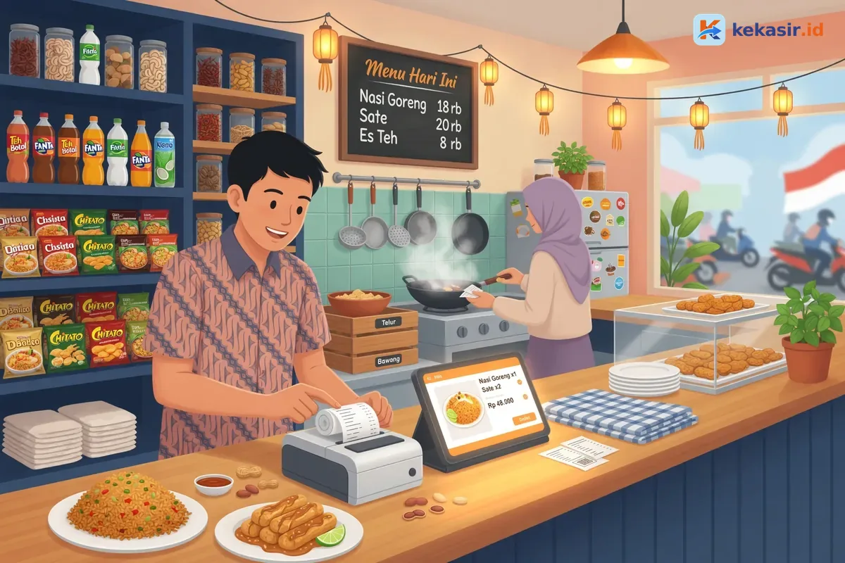 Ilustrasi pemilik warung sedang menyiapkan printer thermal di meja kasir