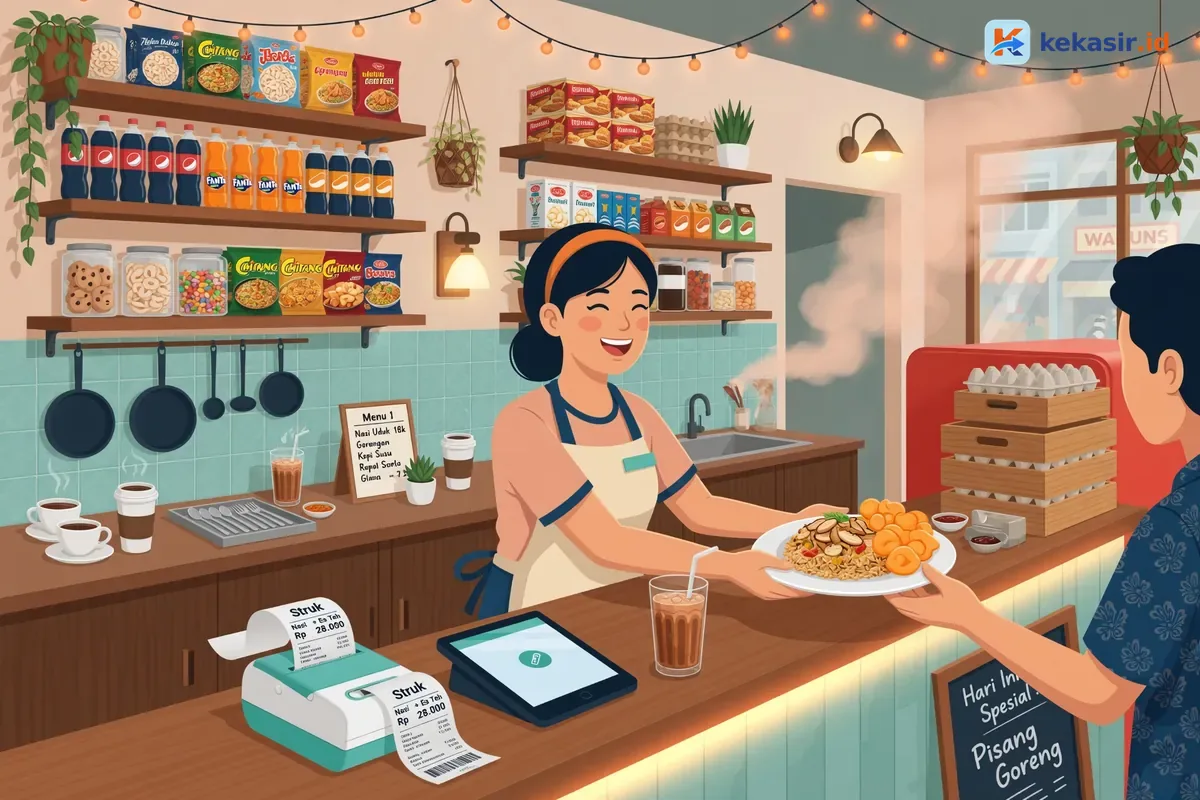 Suasana kasir di kafe mencetak struk transaksi dari tablet