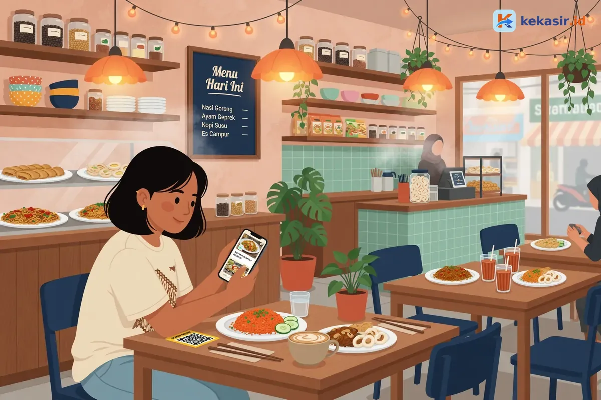 Pelanggan restoran scan QR code di meja sambil melihat menu di HP