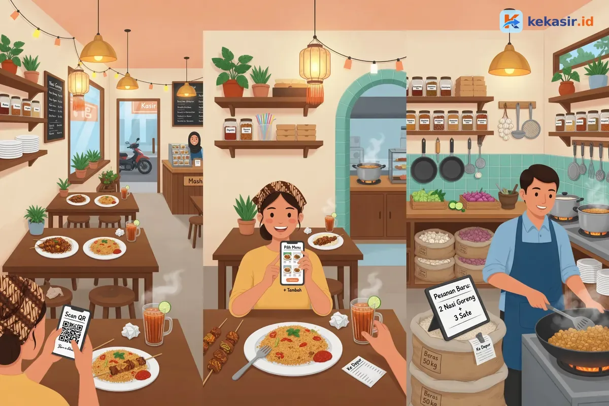 Alur pesanan self order dari scan QR meja ke kasir dan dapur restoran