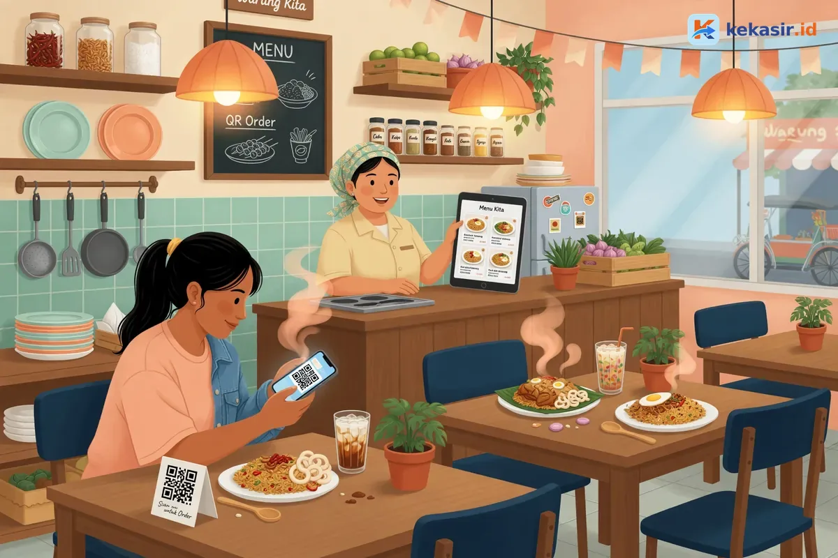 Staf restoran menampilkan halaman menu online outlet di tablet di dekat meja kasir