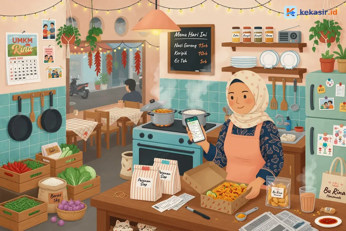 Ilustrasi pemilik usaha rumahan mengemas pesanan di dapur sambil cek order di HP