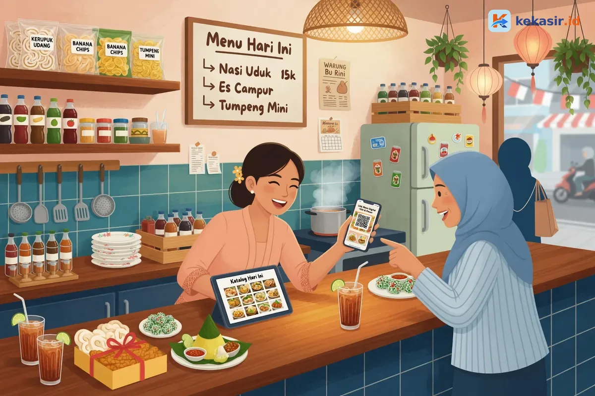 Ilustrasi pelaku usaha rumahan membagikan link menu digital lewat HP ke pelanggan