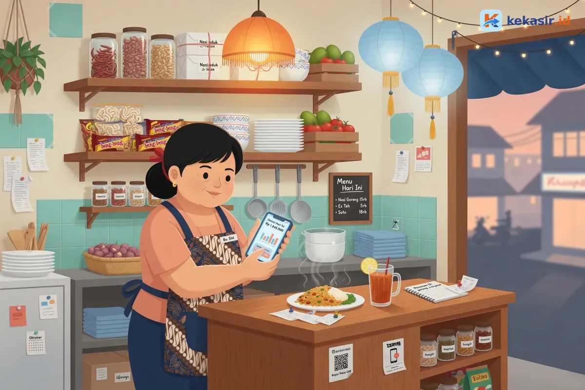 Ilustrasi pelanggan memesan katering rumahan lewat HP lalu mengambil paket di depan rumah
