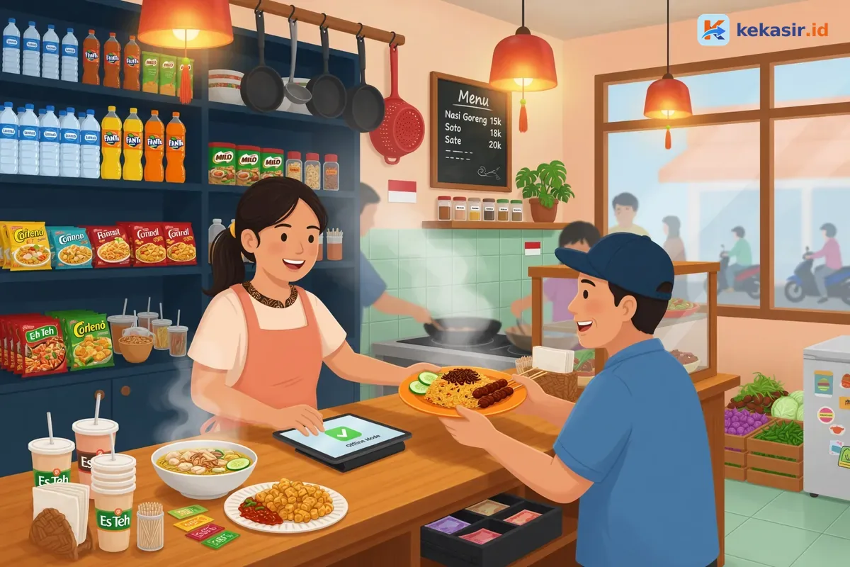 Ilustrasi kasir warung tetap melayani pelanggan saat sinyal HP lemah