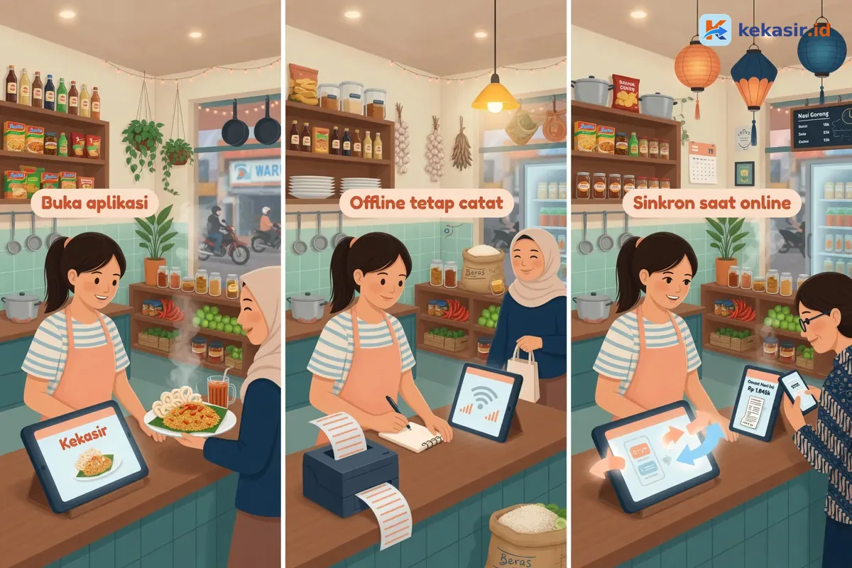 Ilustrasi staf warung mencatat pesanan di tablet kasir di meja counter