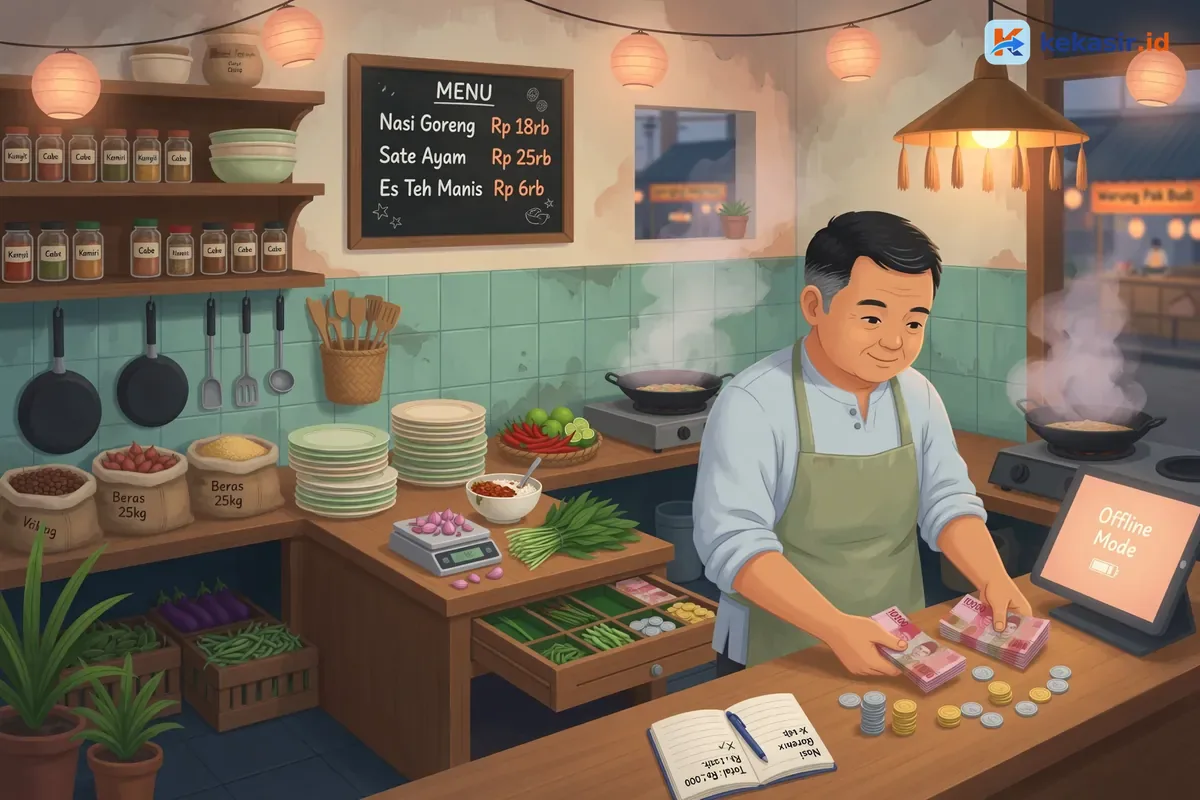 Ilustrasi pemilik warung menutup shift kasir dan menghitung uang di laci