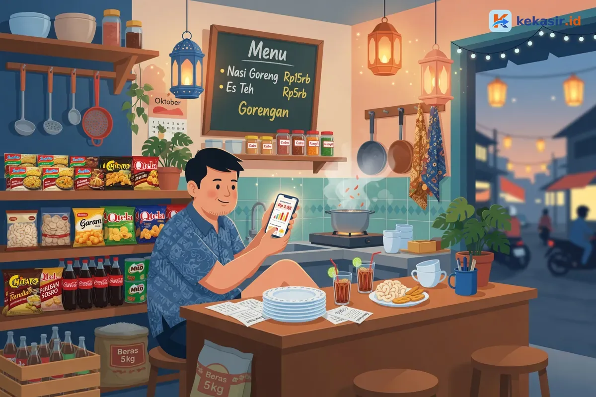 Ilustrasi pemilik warung memantau laporan omzet dari HP sambil duduk santai