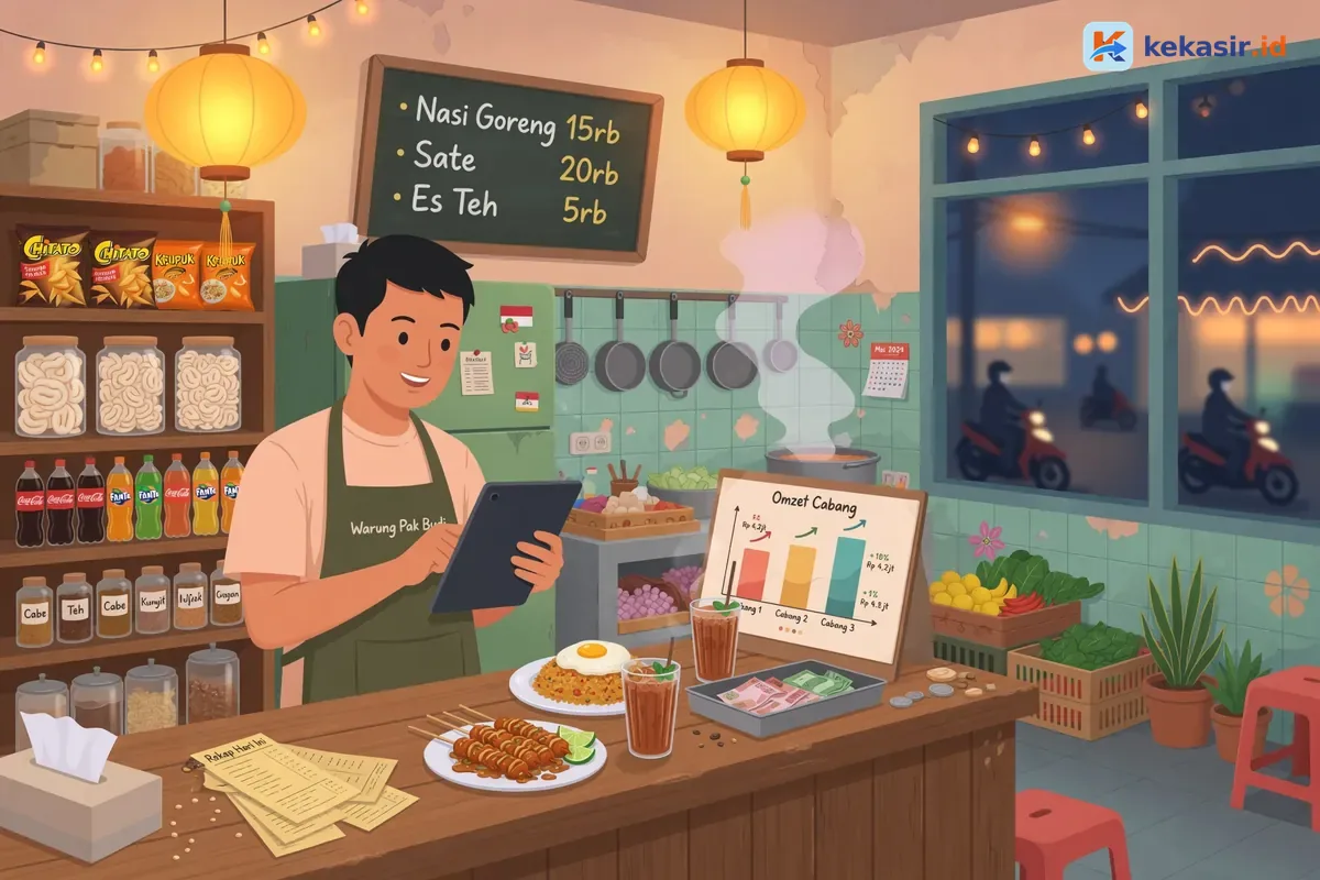 Ilustrasi dashboard owner menampilkan rekap omzet beberapa cabang restoran