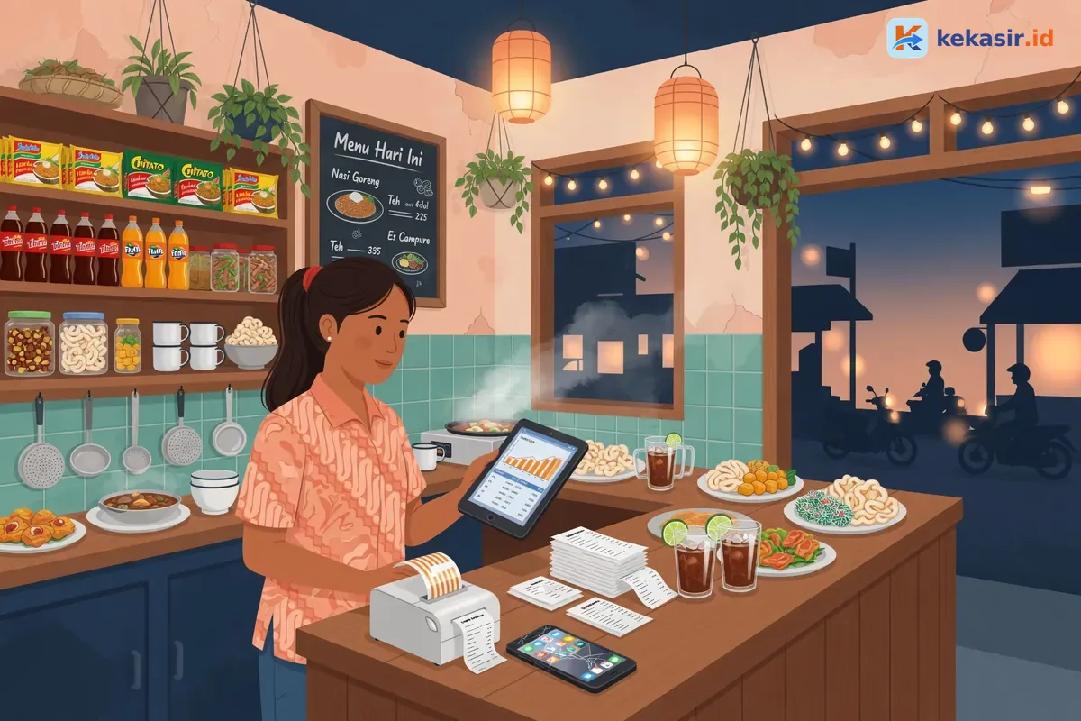 Ilustrasi suasana kasir warung berjalan rapi dengan tablet dan printer struk