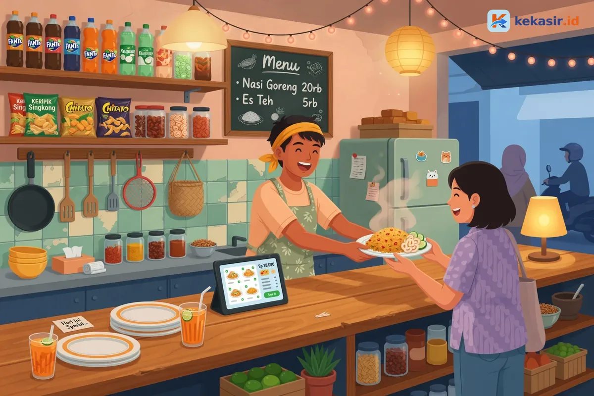 Pemilik usaha kuliner membandingkan pilihan paket kasir di meja outlet