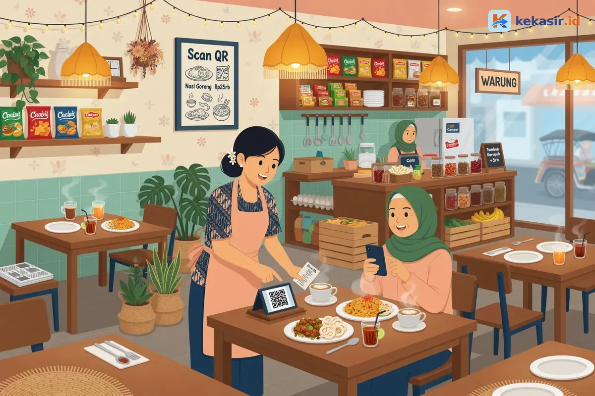 Pelayan cafe membantu pelanggan scan QR self-order di meja