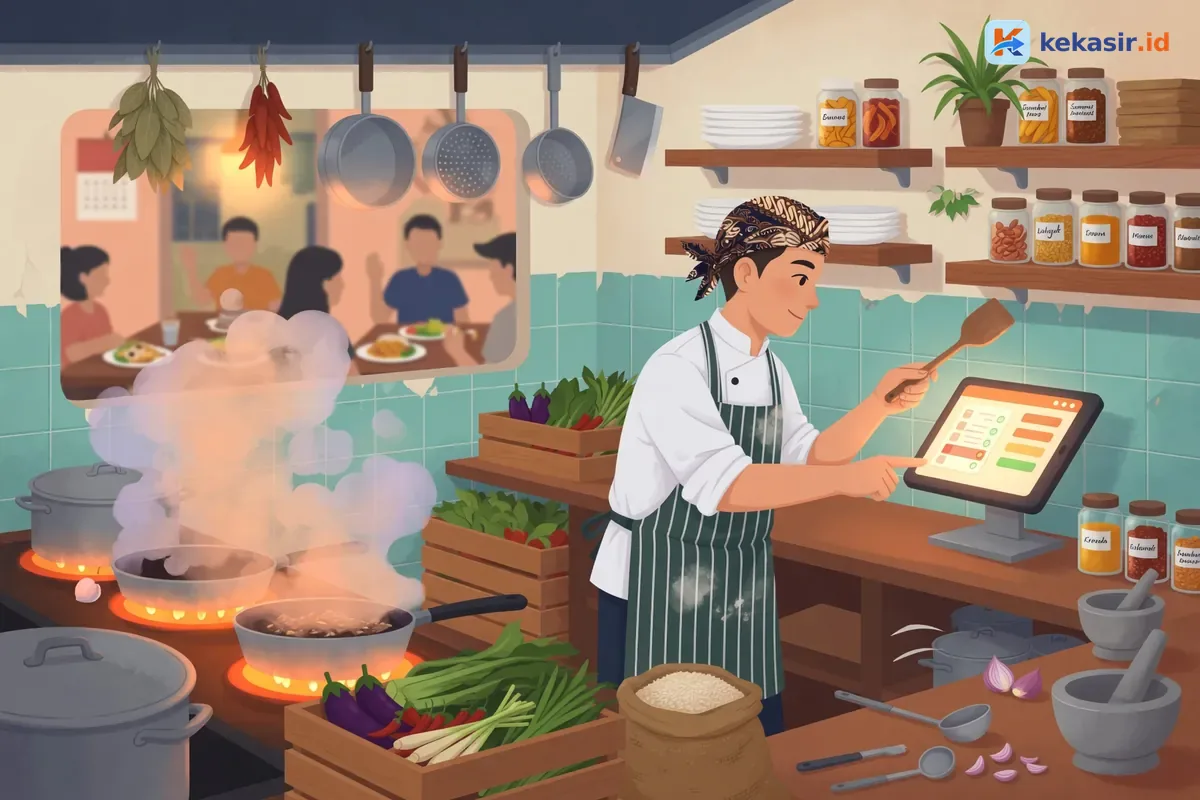 Suasana dapur restoran menerima order di layar KDS saat jam sibuk