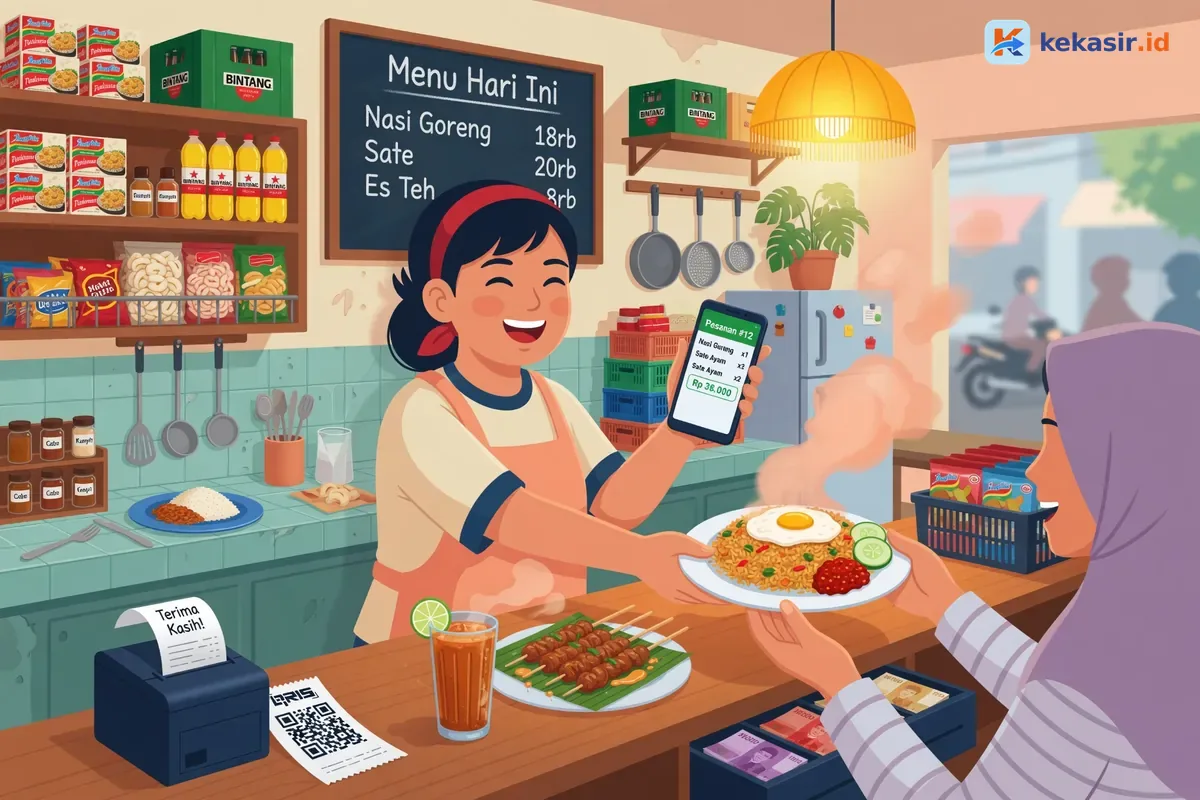 Ilustrasi pemilik warung melayani pelanggan sambil memegang HP Android di meja kasir