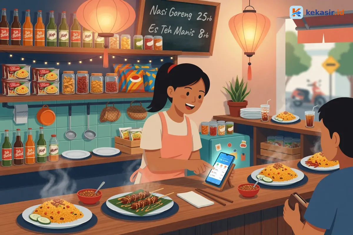 Suasana kasir warung menekan pesanan di layar HP Android dengan piring makanan di samping