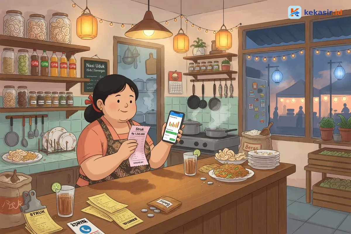 Ilustrasi pemilik usaha membandingkan struk dan laporan omzet di HP setelah tutup warung