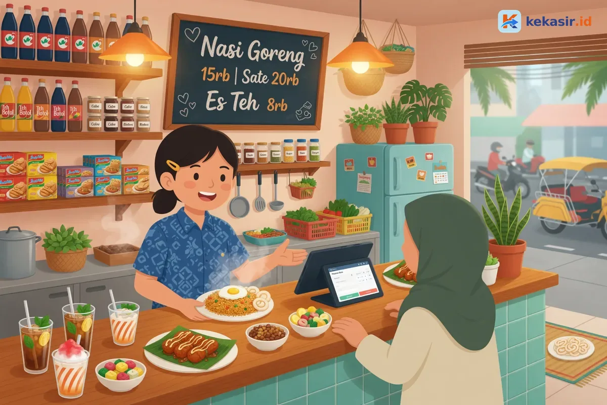 Ilustrasi pemilik warung di Tanjungpinang melayani pelanggan dengan tablet kasir di meja counter