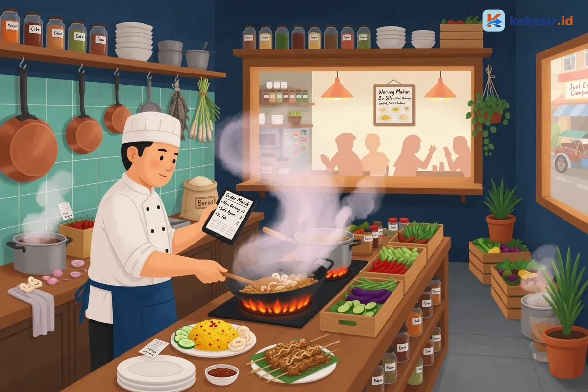 Suasana dapur restoran menerima order dari sistem kasir sambil menyiapkan porsi