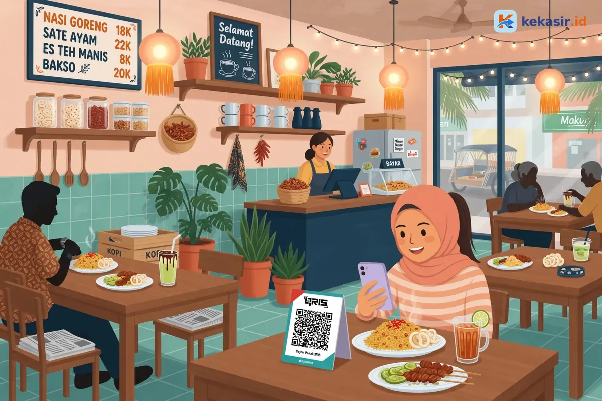 Ilustrasi pelanggan cafe membayar dengan scan QRIS dari ponsel di meja makan