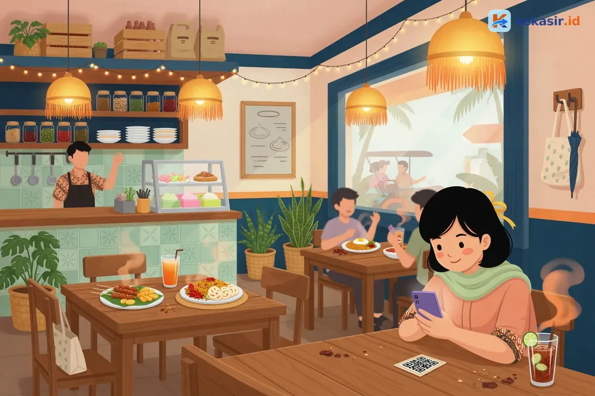 Ilustrasi pelanggan cafe memindai QR meja sambil memegang HP di meja makan