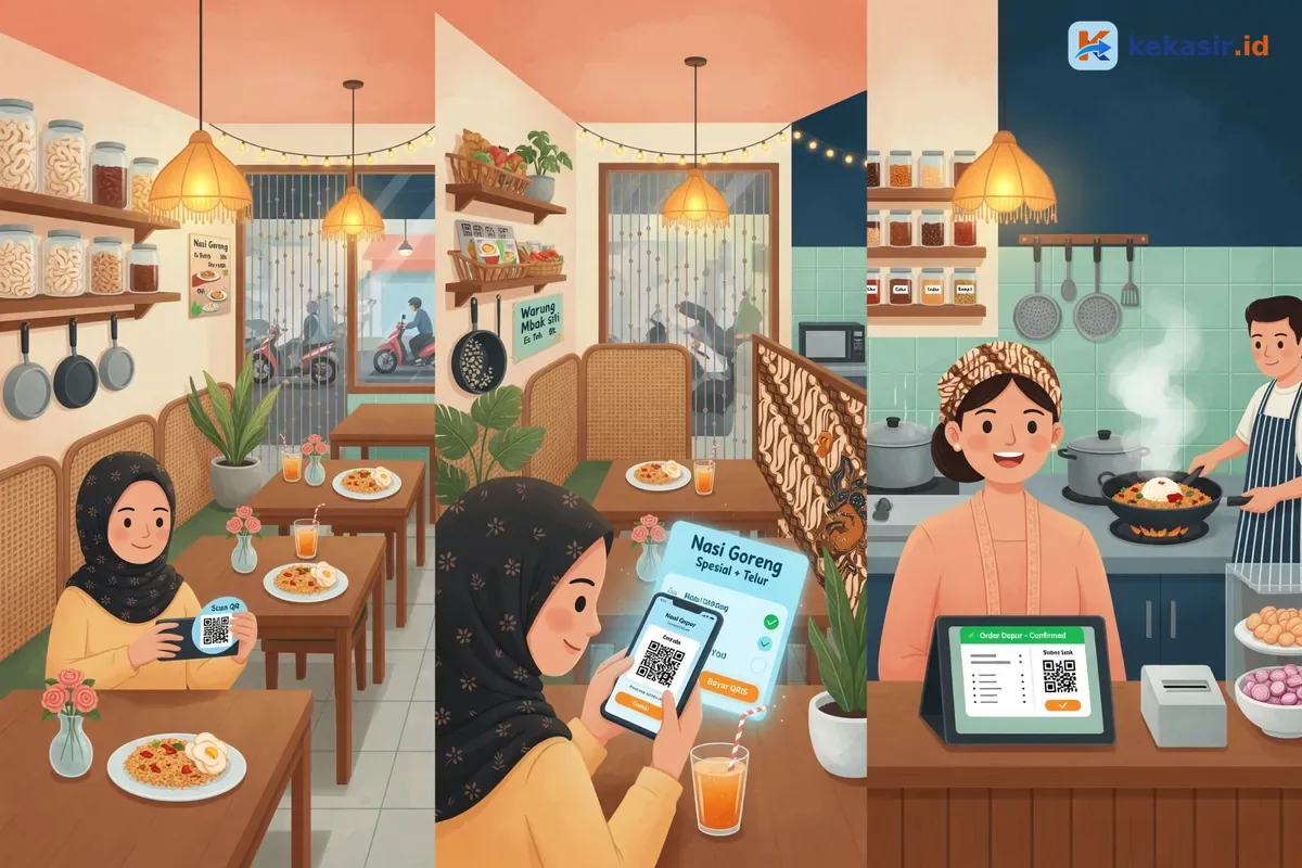Diagram alur pesanan self-order dari scan QR meja, bayar QRIS, sampai tercatat di kasir dan dapur