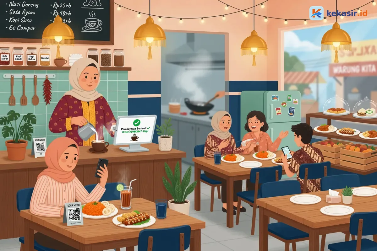Ilustrasi kasir cafe melihat layar pesanan lunas sambil menyiapkan minuman