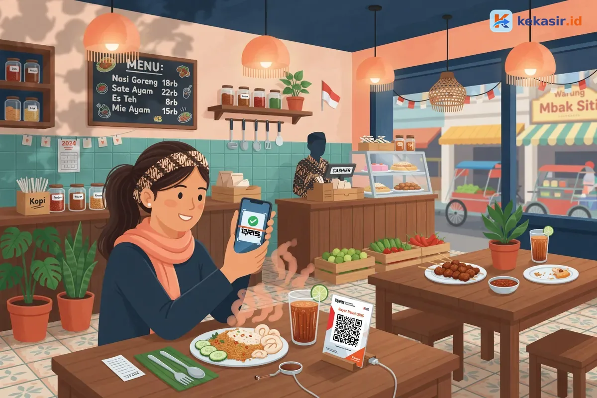 Ilustrasi pelanggan scan QRIS dinamis untuk bayar pesanan di kafe