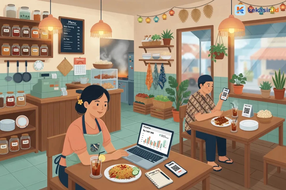 Ilustrasi pemilik usaha kuliner cek laporan pencairan QRIS di laptop