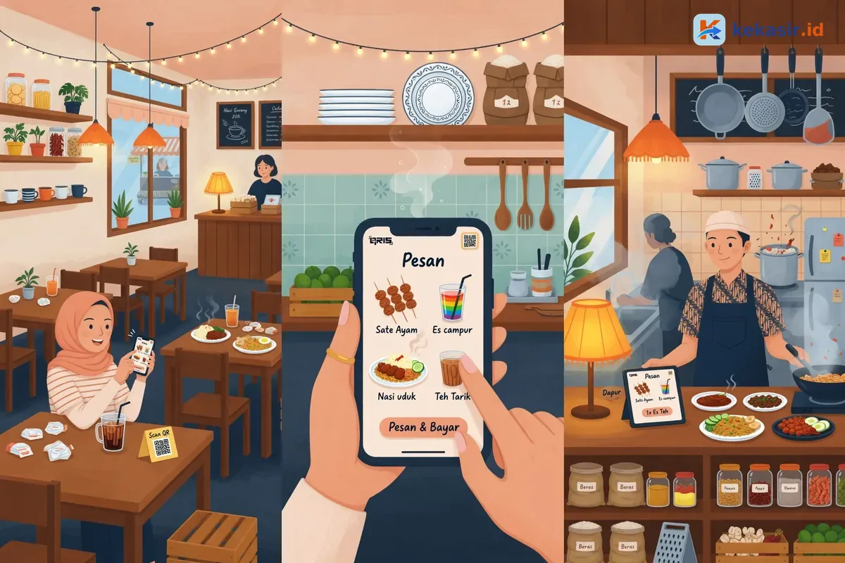 Alur pesanan self-order dari HP pelanggan menuju layar dapur