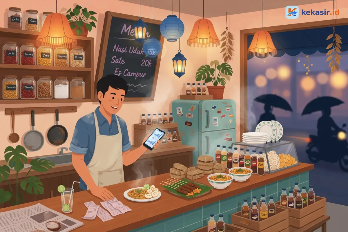 Ilustrasi owner restoran memantau omzet beberapa cabang dari laptop di meja kerja