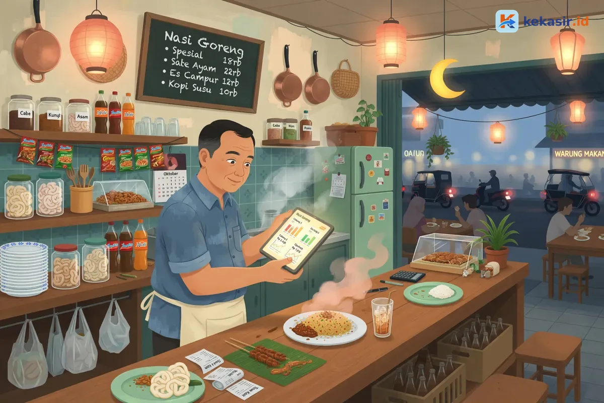 Ilustrasi manajer restoran membandingkan performa cabang di tablet sambil berdiri di area restoran