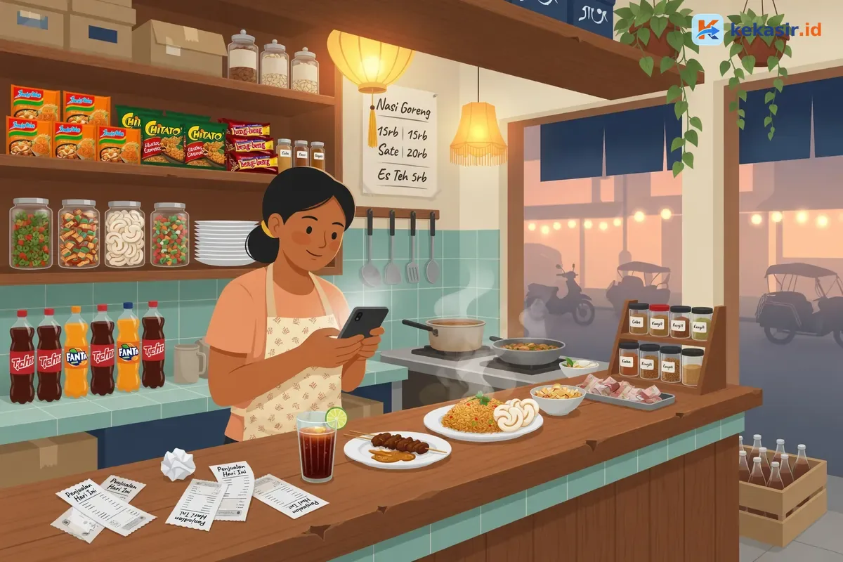 Ilustrasi dua kasir restoran di cabang berbeda sedang melayani pelanggan dengan tablet kasir