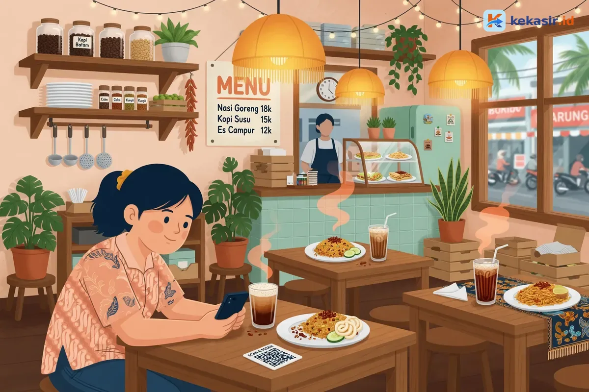 Ilustrasi pelanggan scan QR meja di kafe