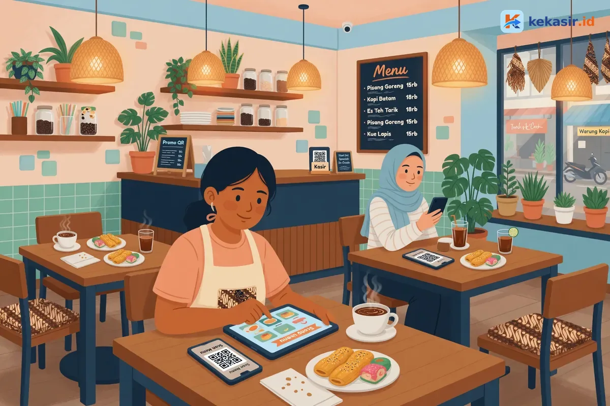 Ilustrasi pemilik kafe menyiapkan tampilan menu digital di tablet