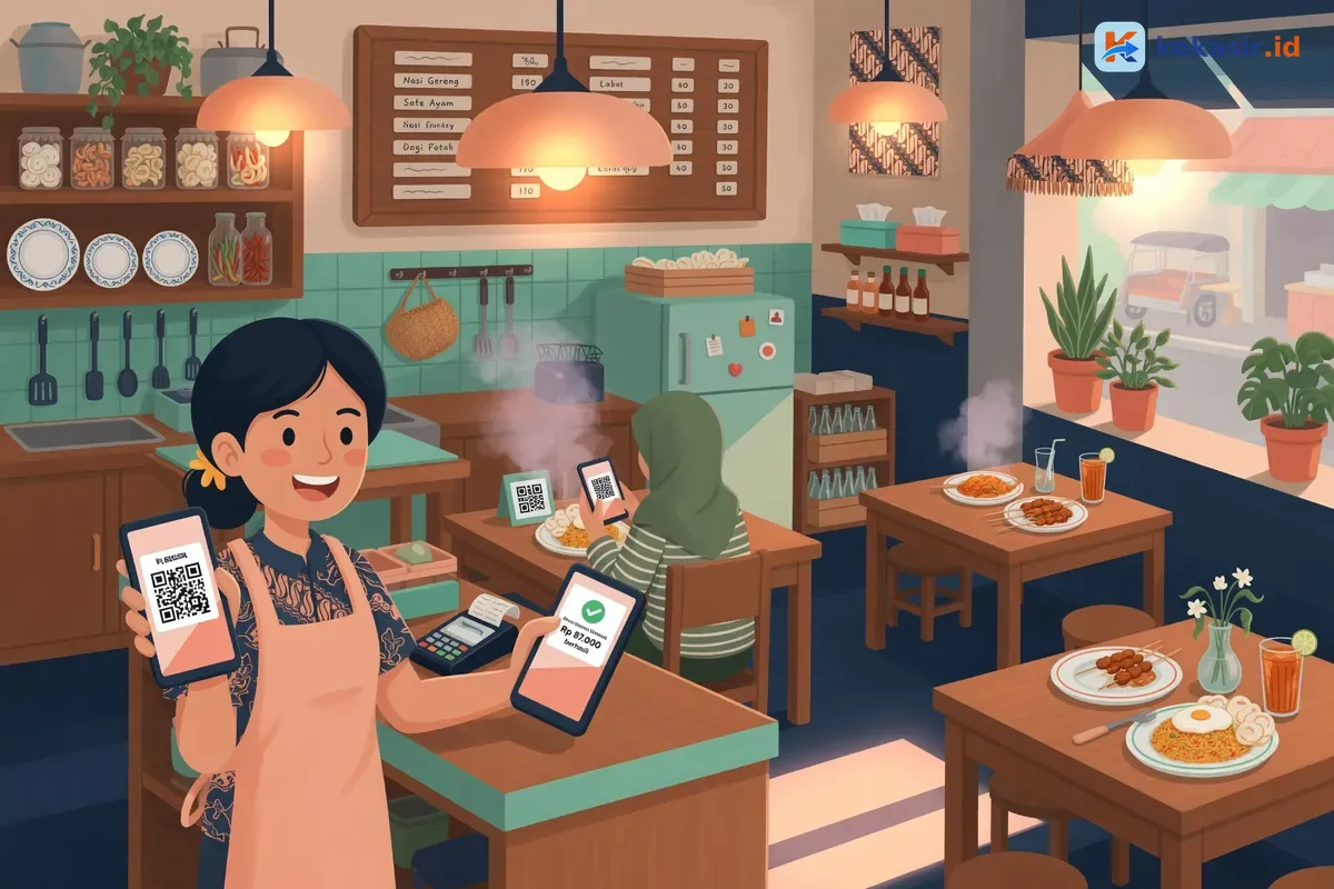 Ilustrasi owner warung kuliner mengecek notifikasi pembayaran QRIS di ponsel dekat meja kasir