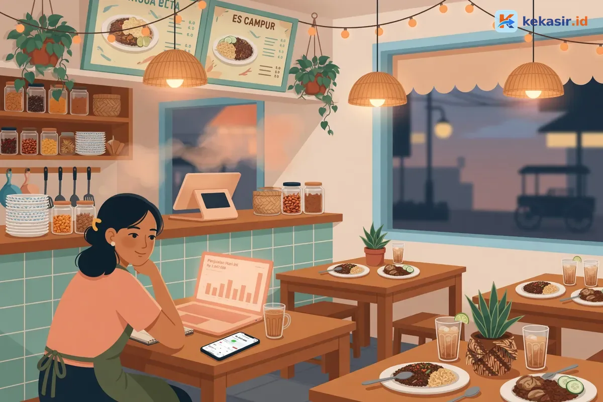 Ilustrasi owner restoran membuka laporan penjualan di laptop di sudut kafe setelah jam tutup