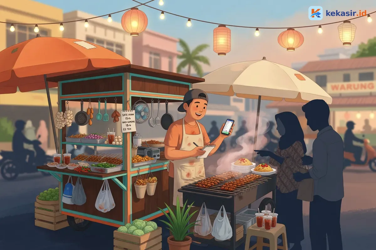 Ilustrasi pedagang warung keliling mencatat pesanan lewat HP di samping gerobak makanan