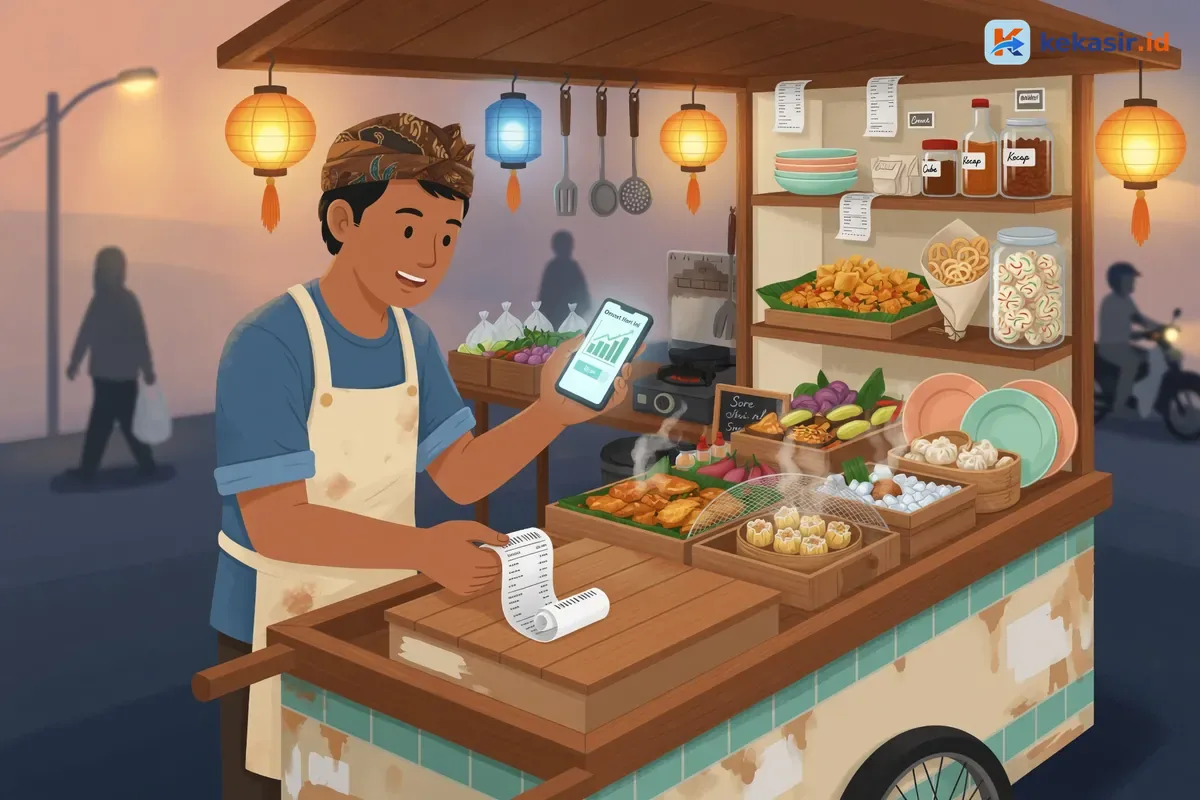 Ilustrasi pemilik gerobak menempelkan struk thermal di tutup box sambil cek laporan omzet di HP