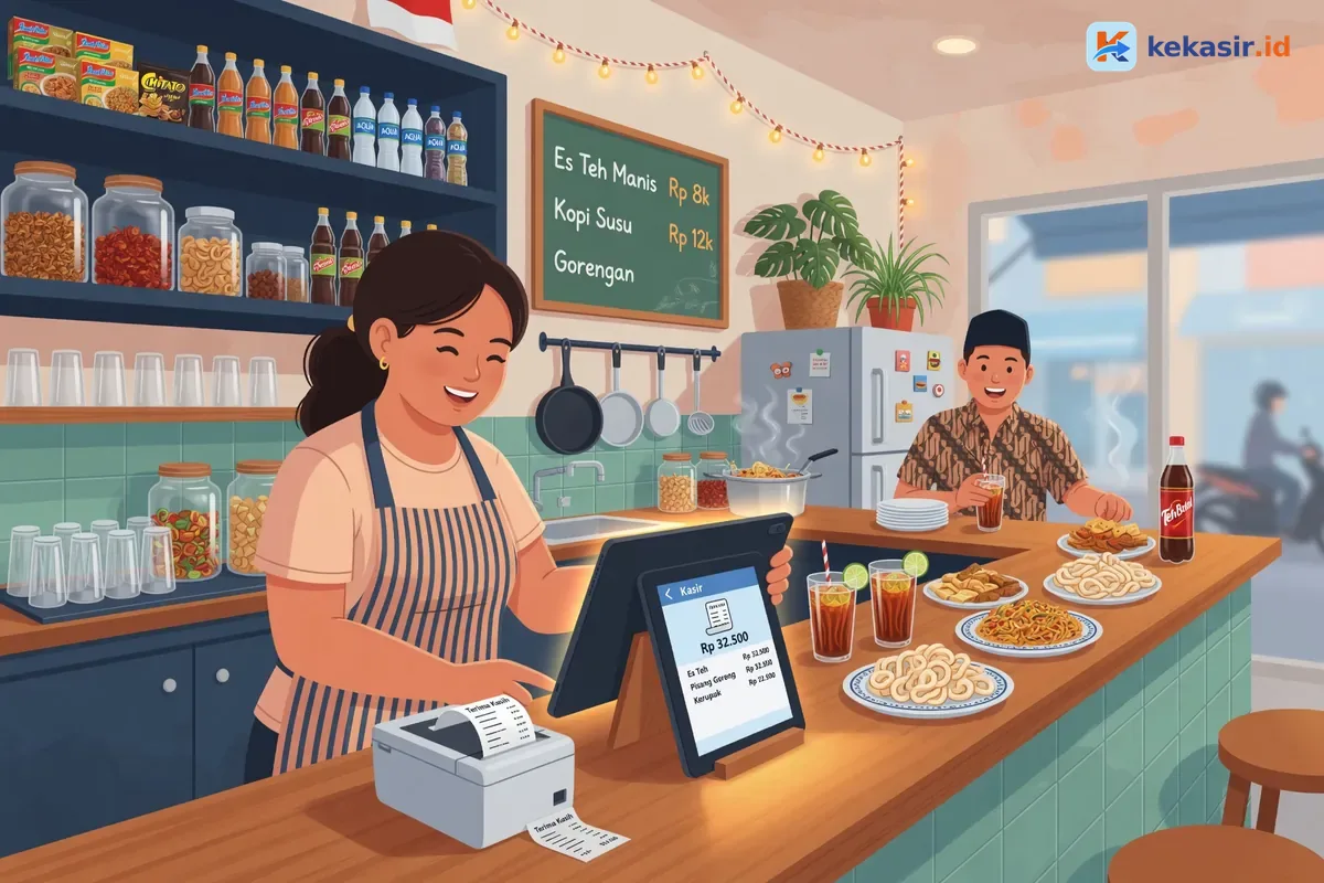 Pemilik warung menata HP tablet dan printer di meja kasir sebelum trial
